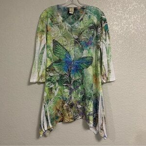 Jess Jane Tee Womens L Boho Burnout Butterfly Studded Shark Bite Hem Tunic Artsy